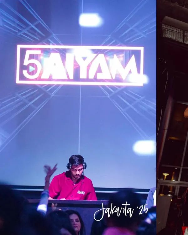On stage in Jakarta with my name on the big screen behind me. This was a proud moment, playing for a huge international crowd and representing the Indian music scene.
