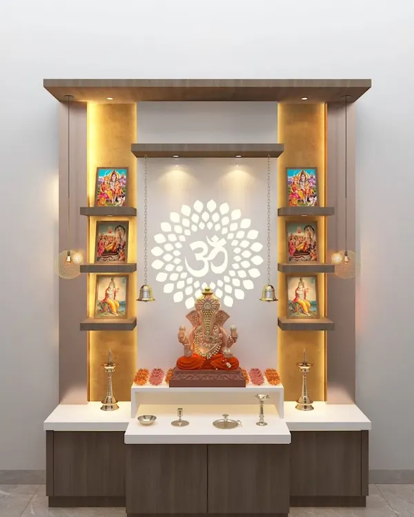 This 3D render showcases a modern pooja unit design. It features a backlit "Om" symbol, open shelves for idols, and a white cabinet for storage. The wooden and gold accents add a touch of warmth and divinity.