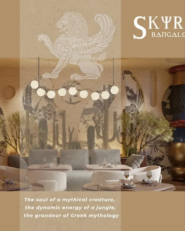 This is Skyro, a concept for a restaurant in Bangalore inspired by the grandeur of Greek mythology and the dynamic energy of a mythical jungle. The design blends earthy surfaces with majestic forms to create a unique and immersive dining experience.