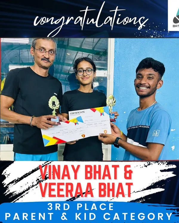 A proud moment for this father-daughter duo, Vinay and Veeraa Bhat, securing 3rd place in their first Parent & Kid category tournament together.