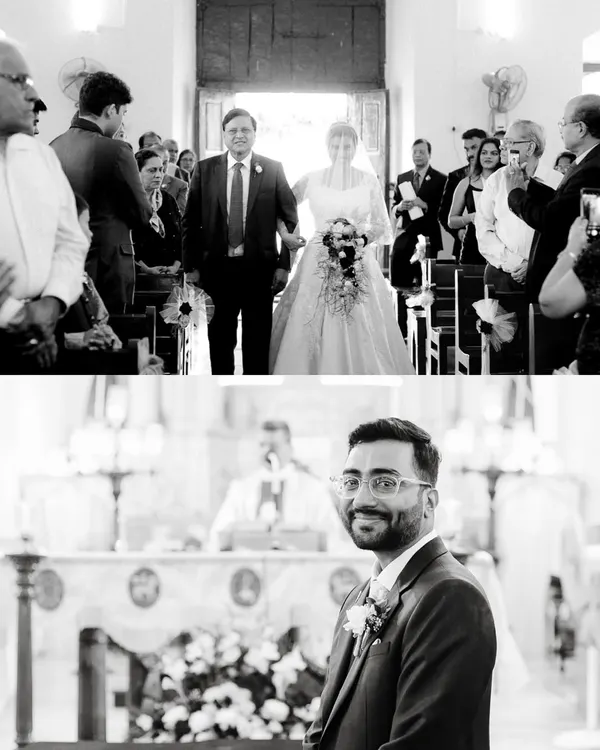 The moment the groom sees his bride walking down the aisle with her father. This split-image captures both powerful perspectives in one frame.