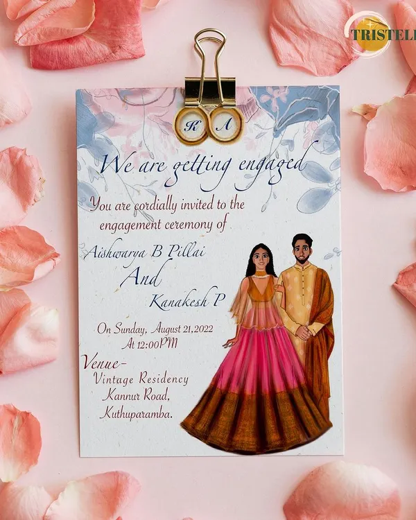 A beautifully illustrated engagement invitation, perfect for announcing your special day with a personal and artistic touch.