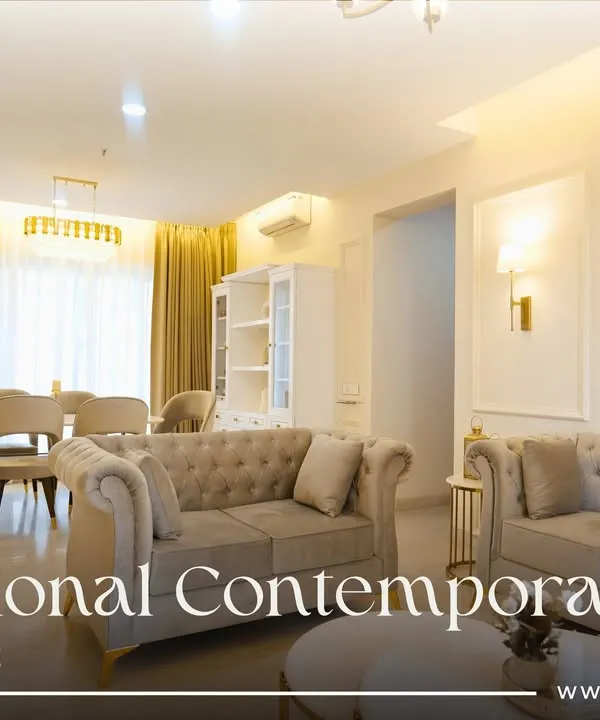 This traditional contemporary 3BHK in Pune is a masterpiece of storytelling. The living and dining areas are bathed in warm light, with classic tufted sofas and elegant wall molding creating a timeless and inviting atmosphere.