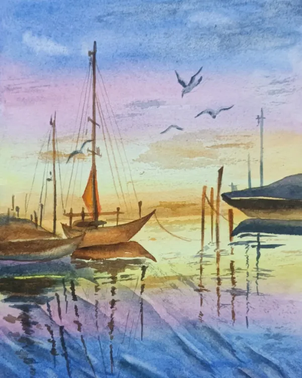 A watercolour painting of boats at a harbour during sunset. This piece focuses on capturing the reflection of the sky on the water and creating a calm, serene atmosphere.