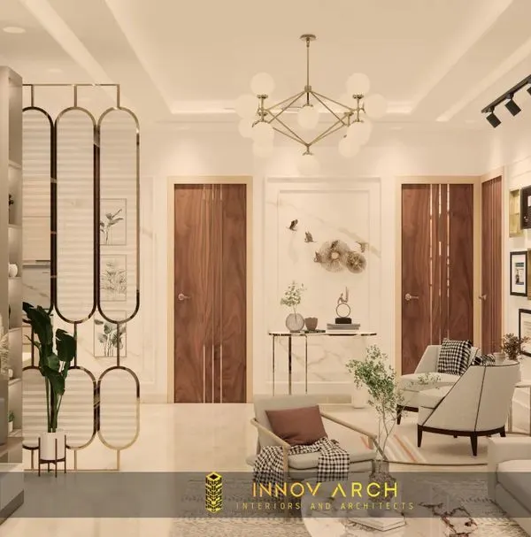 A render of a living room designed in a modern and contemporary theme for a residence in Rajnagar Extension. This view showcases the open layout, with a stylish partition separating the seating area from the entrance, creating a sense of arrival.