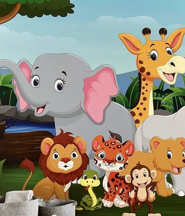 This cheerful jungle animal cartoon mural is one of my favorite projects. It's perfect for a nursery or playroom, creating a friendly and stimulating environment for kids.