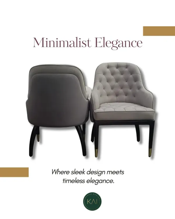 These elegant dining or accent chairs feature classic button-tufting on the front and a smooth, minimalist back. The two-tone design and tapered legs with metal tips create a look of timeless sophistication.