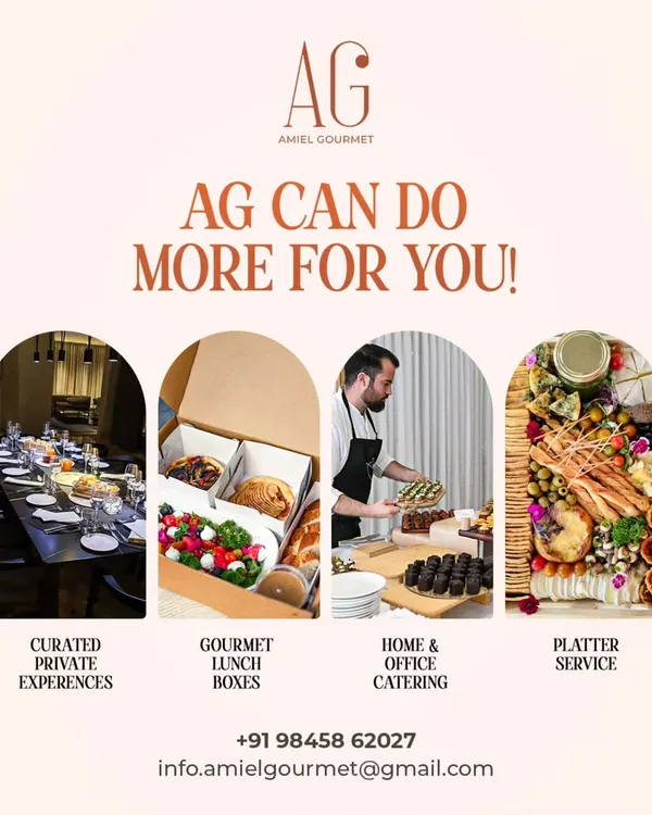 AG can do more for you. This graphic provides an overview of our services, including curated private experiences, gourmet lunch boxes, home and office catering, and our popular platter service.