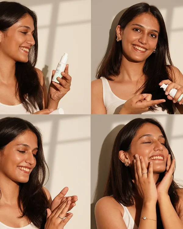 A four-part collage showcasing a model's genuine joy and glowing skin after using the product. This series of expressions captures the positive experience and results, making the skincare benefit feel personal and real.