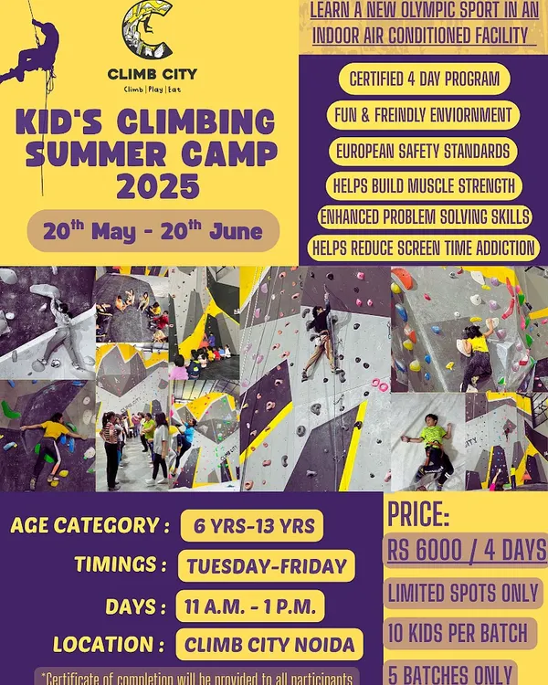 Here are all the details for our 2025 Kid's Climbing Summer Camp! It's a certified 4-day program packed with fun, learning, and new friends. We have limited spots in each batch to ensure personalized attention, so book your spot soon.
