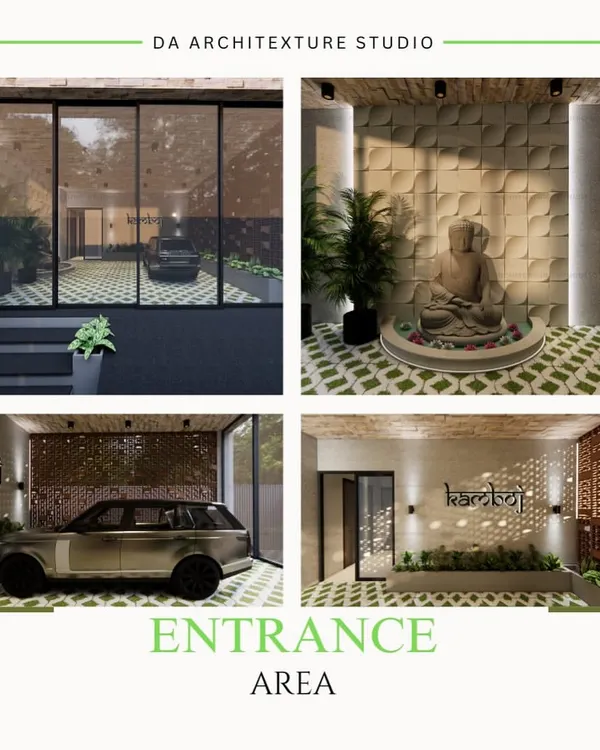 This collage presents the complete entrance area design for a clinic. It showcases the key features I designed to create a tranquil experience, including a serene Buddha statue, custom jali screens, integrated planters, and a welcoming parking area.
