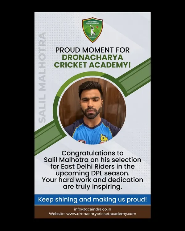 A proud moment for our academy. We congratulate Salil Malhotra on his selection for the East Delhi Riders in the DPL season. His dedication is an inspiration to all our players aiming for professional leagues.