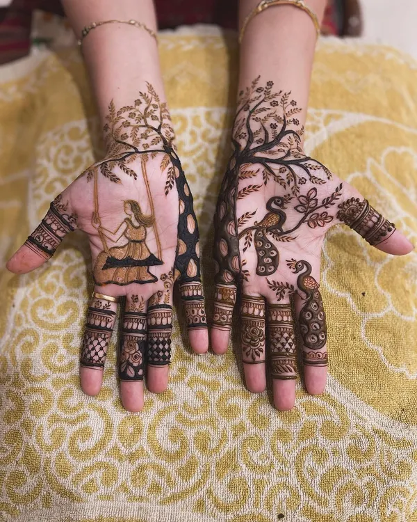 A classic Teej festival design. One hand features a woman on a swing under a tree, while the other is adorned with beautiful peacocks, celebrating nature and joy.