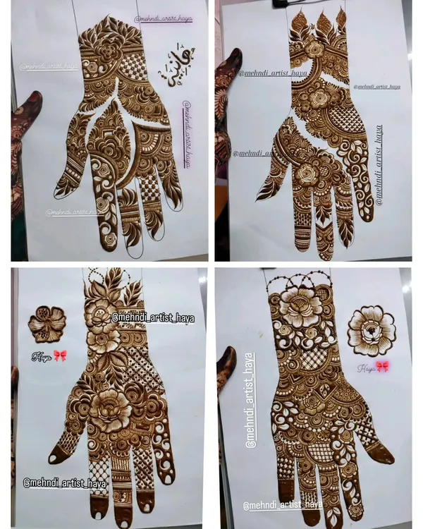 A collage of four different hand designs, each with a unique style. You can see examples of negative space, dense floral patterns, and geometric grids.