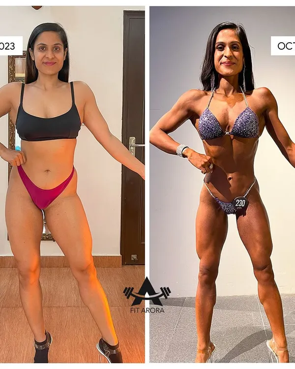 My 10-month transformation for the WNBF stage. On the left is January 2023, and on the right is my stage-ready condition in October 2023. This journey was about pushing my limits as a natural athlete.