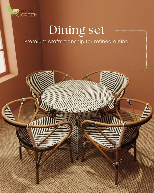 This is our premium black-and-white wicker dining set, perfect for refined outdoor dining. The set includes four ergonomically designed chairs and a matching round table, all showcasing our commitment to premium craftsmanship.