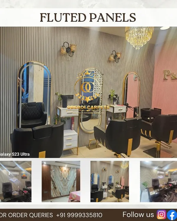 A complete look at a salon we designed using our fluted panels. The panels create a chic, high-end atmosphere that is also durable and easy to maintain, perfect for a busy commercial space.