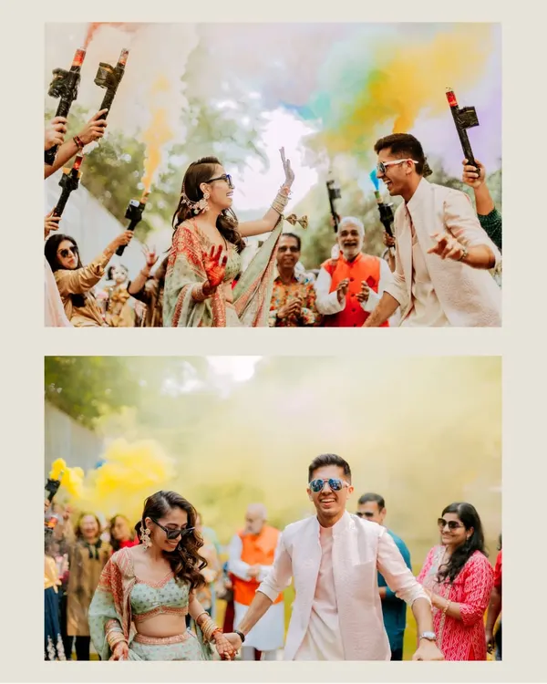 A high-energy collage showing the couple's grand entrance to their Haldi ceremony, surrounded by friends with colorful smoke guns creating a festive cloud.