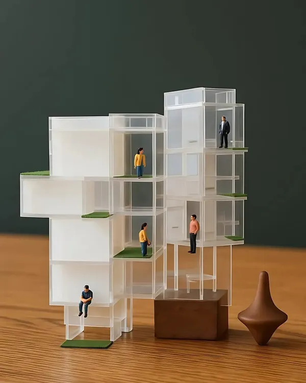 An experimental acrylic model exploring vertical living concepts. Using miniature figures helps us visualize human scale and experience within the architectural forms we create.