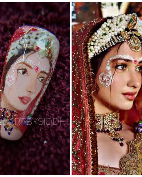 This side-by-side shows the incredible detail possible with my portrait nail art techniques, comparing the original inspiration to the hand-painted nail. In my advanced courses, you learn how to capture such intricate likenesses.