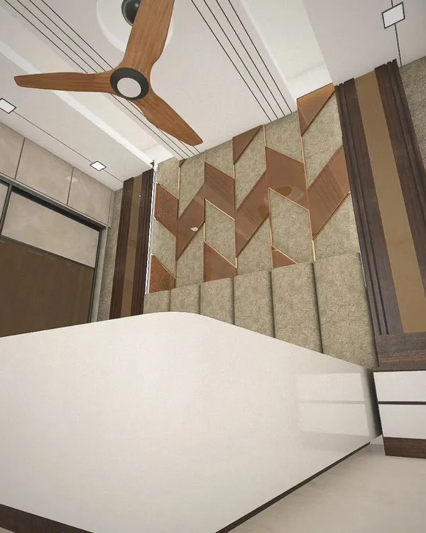 A 3D design concept for a modern bedroom. This render shows a custom headboard with a geometric pattern using a mix of fabric, wood, and reflective surfaces.