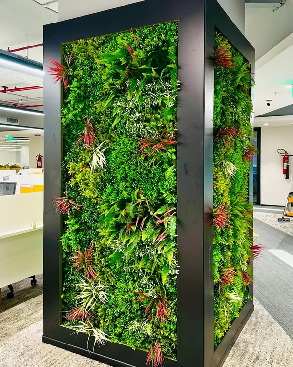 This large, framed artificial vertical garden was installed in a corporate office in Hyderabad to serve as a maintenance-free green feature. It adds significant visual impact and a sense of tranquility to the busy workspace.