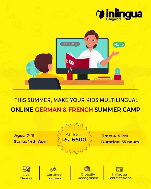 Give your child the gift of a new language with our online summer camp. This graphic details our German and French program for kids aged 7 to 11, including the 35-hour duration, live class format, and affordable pricing. It's a perfect way to introduce them to a new culture and skill.