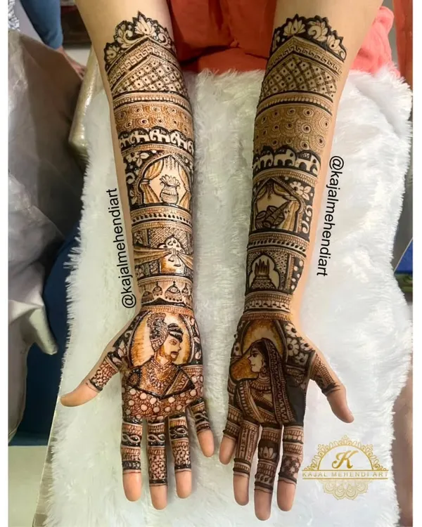 I love when a bride trusts me to bring her vision to life. This design features beautiful portraits of the bride and groom, along with traditional wedding ceremony elements woven into the forearm patterns.