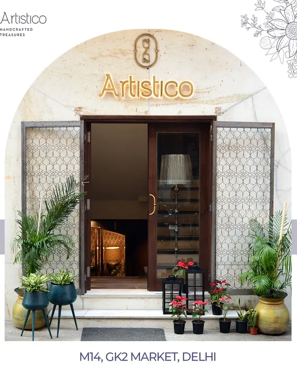 This is our home, Artisttico Decor, located at M14 in the GK-2 market in Delhi. We've designed our store to be a welcoming space where you can discover handcrafted treasures and join our creative workshops. We invite you to come visit us.