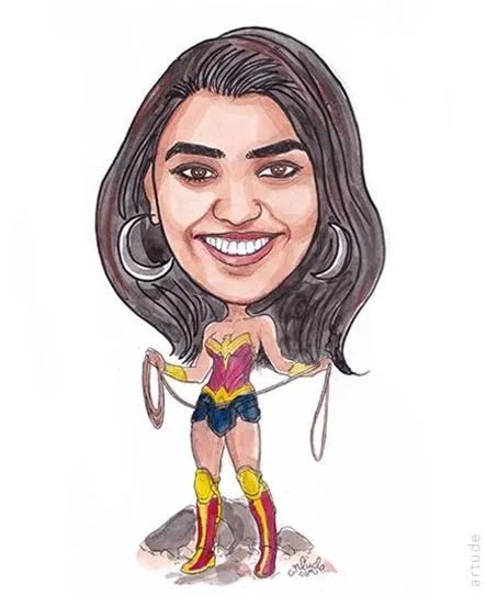 Unleash your inner hero! A custom caricature of a client as the powerful and iconic Wonder Woman.