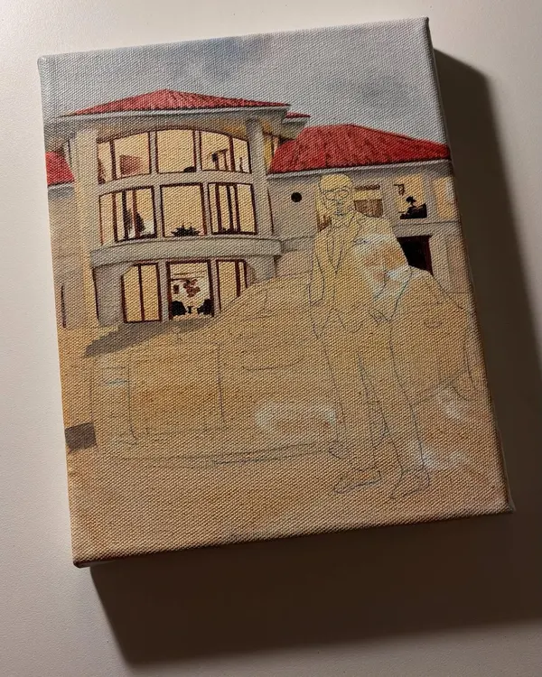 The very first stage of a commission piece. This is the initial pencil sketch on a toned canvas, mapping out the composition of the man, the car, and the house.