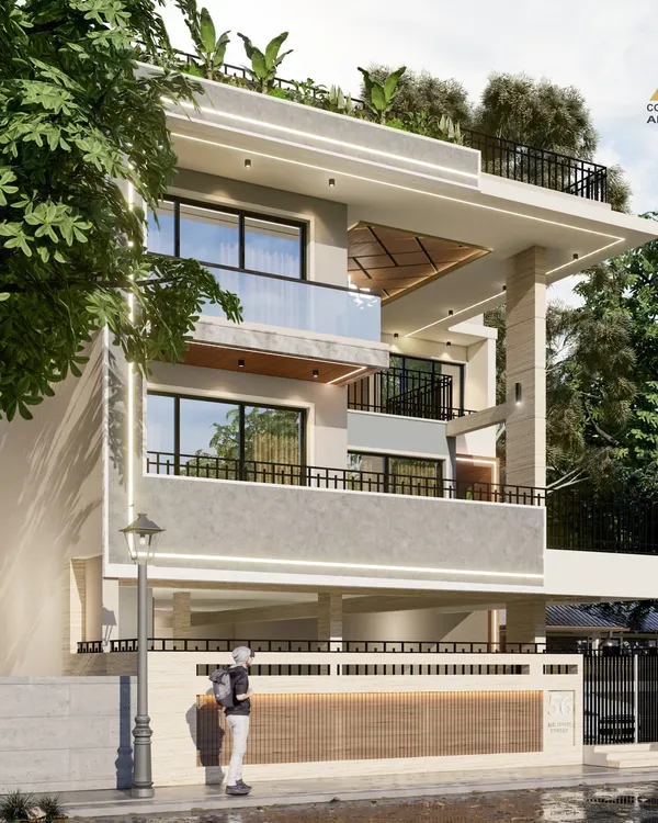 A perspective view of a modern bungalow designed for a joint family in Greater Noida. The architecture features clean geometric forms, a rooftop garden, and an interplay of levels to create a simple yet grand residence.