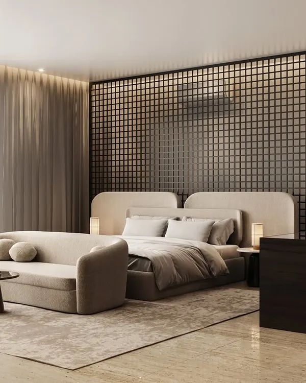 A master bedroom visualization featuring a unique black lattice screen as a headboard feature. The render explores a neutral color palette with a focus on texture and soft, diffused lighting from the large window.