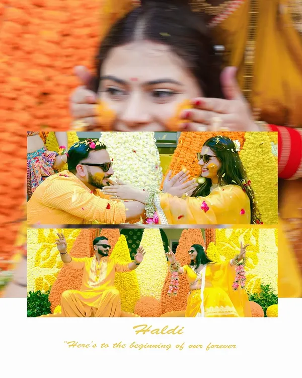 A vibrant photo collage from a Haldi ceremony, capturing the couple's playful interactions. The images are full of color, from the yellow outfits to the floral decor, reflecting the joyous spirit of the event.