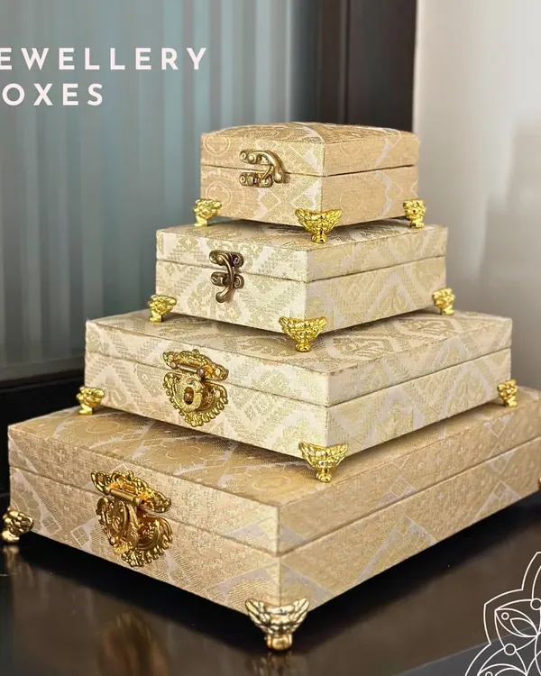 A stunning stack of my cream and gold brocade jewelry boxes. Available in four nesting sizes, they feature ornate clasps and feet, making them a beautiful and practical addition to any dressing table.