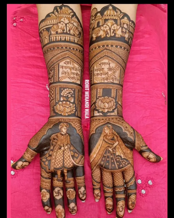 This design shows my specialty in creating detailed bride and groom portraits. I use fine lines and careful shading to capture the couple's likeness, making the mehndi a personal story on your hands.