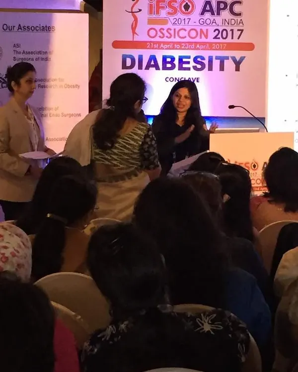 Presenting my research paper at the OSSICON 2017 'Diabesity' Conclave in Goa. My work compared the nutritional outcomes of different bariatric procedures, ensuring my clients get the most up-to-date, evidence-based advice.