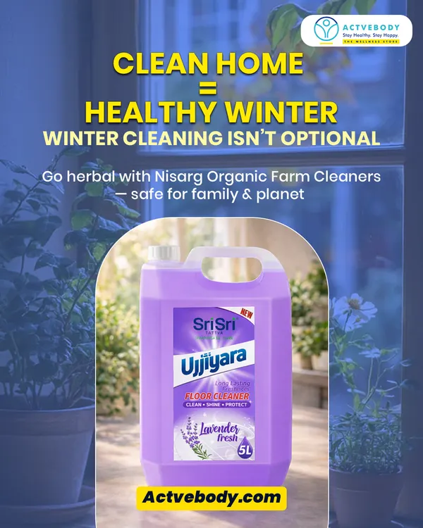 Winter cleaning isn't optional, it's essential. This image of Sri Sri Ujjiyara floor cleaner reminds us to go herbal with our cleaning to keep our homes safe for family and the planet.