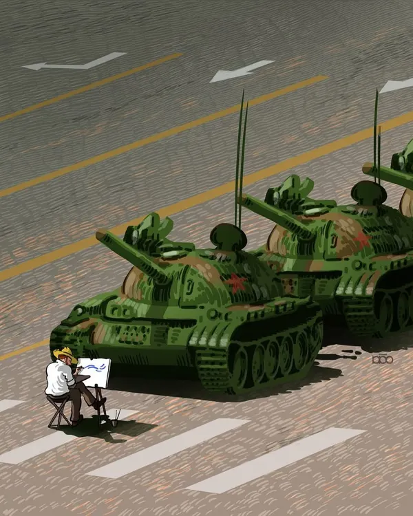 A silent act of courage. In this piece, I reimagine the iconic "Tank Man" of Tiananmen Square as an artist, sitting with his easel and painting in the face of overwhelming force. It’s a tribute to the quiet, creative resistance that echoes through history.