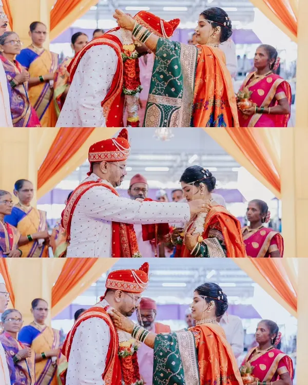 A collage showing the key moments of the varmala or garland exchange ceremony, a beautiful and symbolic ritual in Indian weddings.