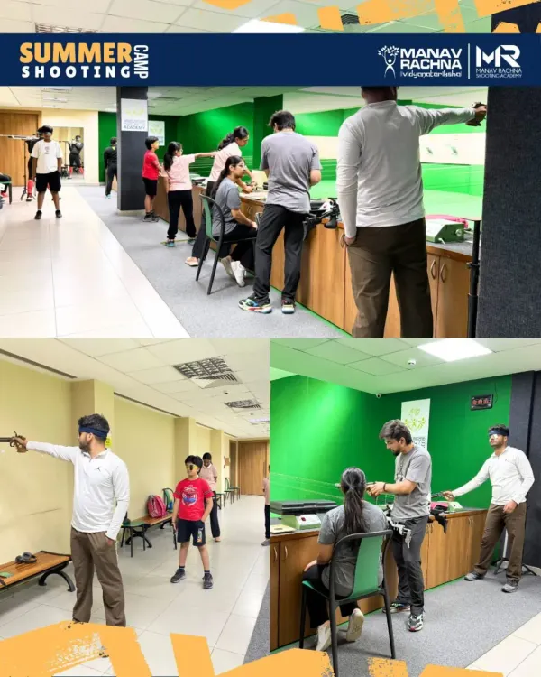 A collage showcasing the vibrant atmosphere of our Summer Shooting Camp. From individual coaching to group drills, the camp is a comprehensive introduction to the world of competitive shooting for young enthusiasts.