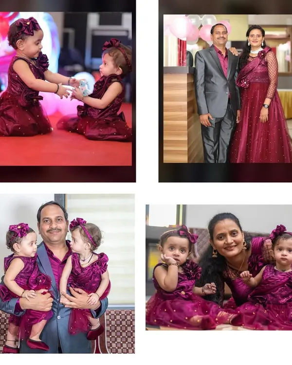 This photo is so special to me. I designed these matching maroon outfits for the entire family to celebrate the twin girls' birthday, including a custom gown for mom, a blazer for dad, and adorable little dresses for the babies.