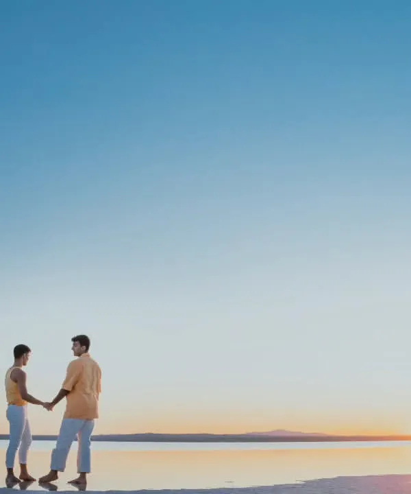 A serene, minimalist shot of a couple holding hands against a vast, clear blue sky on a Turkish beach. The simplicity of the composition emphasizes their connection and the peacefulness of the moment.
