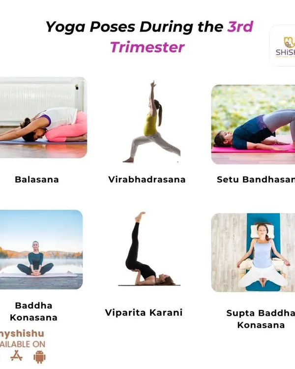 This infographic shows key yoga poses for the 3rd trimester, such as Balasana and Virabhadrasana. These asanas are designed to prepare your body for labor and help you connect deeply with your baby in the final weeks.