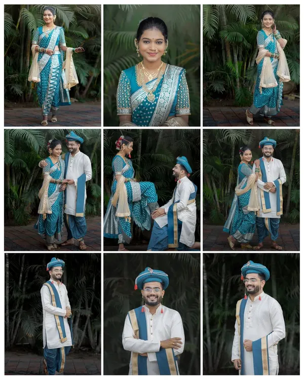 A beautiful collage showcasing a couple in traditional blue Maharashtrian wedding attire, capturing individual portraits and their joyful interactions.