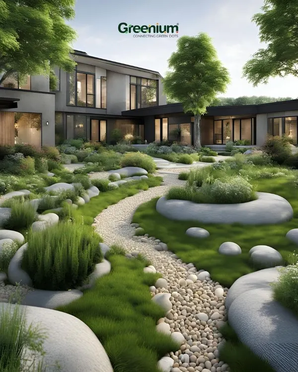A concept drawing for a dream farmhouse landscape. This design blends modern architecture with natural elements, featuring lush greenery, open spaces, and a seamless connection with the outdoors.