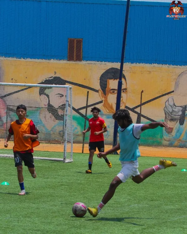 A player unleashes a powerful shot on goal during a shooting drill. We focus on technique to improve accuracy and power.