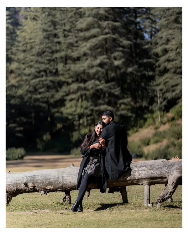 A cozy, candid moment in the middle of a pine forest. The couple is wrapped in warm coats, sharing a laugh on a fallen log, creating a perfect image of comfortable, adventurous love.