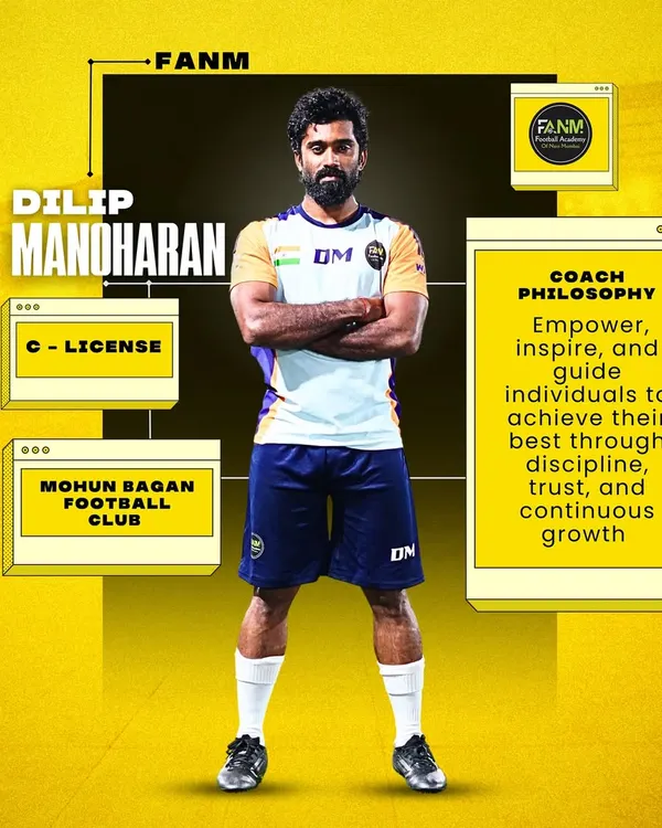 Meet Coach Dilip Manoharan, a C-License certified coach and former Mohun Bagan FC player. His philosophy is to empower and inspire players through discipline and continuous growth.