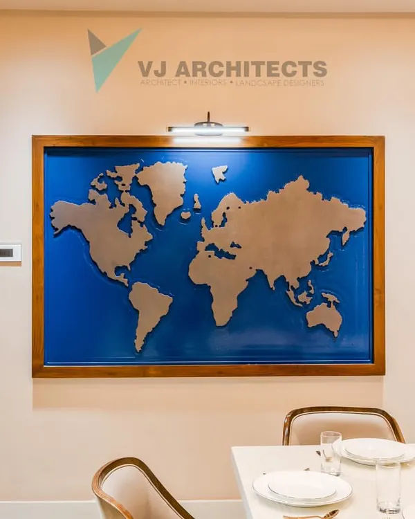 The centerpiece of the dining area is this custom-made world map, a direct nod to the clients' passion for travel. It's not just decor; it's a conversation starter and a daily reminder of their adventures.